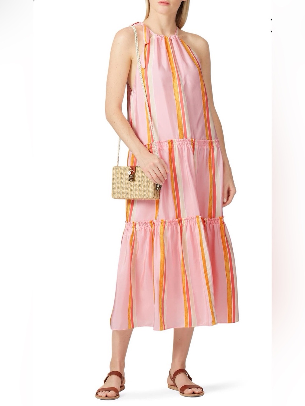Club Monaco / Amirra Silk Pink Striped Halter Tiered Midi Dress - Sz 12